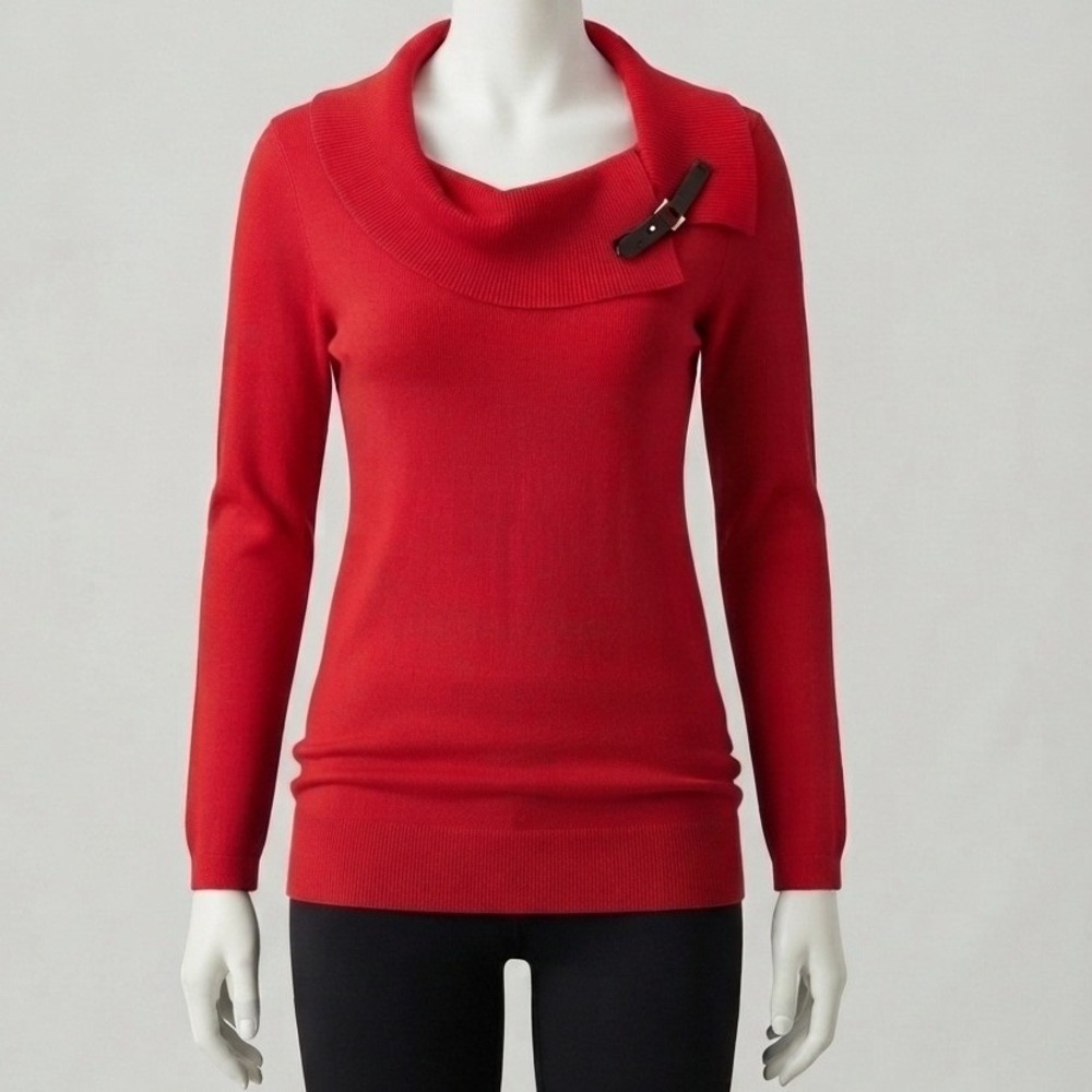 Rafaella Woman Red Ribbed Cowl Neck Sweater Buckle Detail Plus Size 2X